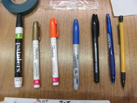 Marking Trial 1 - The Markers (paint pens, perm ink, ballpoint, #2 lead)
